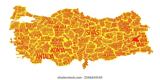 Mapa da Turquia com nomes de províncias organizados por localização geográfica, destacando a distribuição regional em todo o país com nomes de cidades claramente colocados