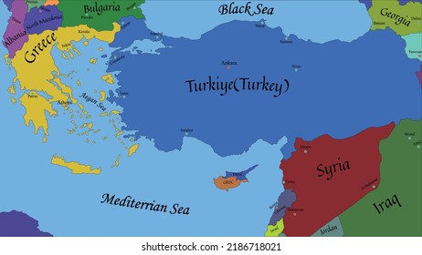 Map Of Turkey, Cyprus,Syria,Iraq,Jordan,Israel,Lebanon,Iran,Armenia,Georgia,Russia,Bulgaria,Greece,Albania,Libya,Bulgaria,North Macedonia,Serbia,Kosovo Detailed With Important Cities And Capitals