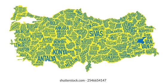 Mapa da Turquia com nomes de províncias organizados por localização geográfica, destacando a distribuição regional em todo o país com nomes de cidades claramente colocados