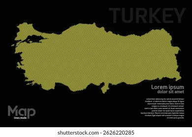 Mapa da Turquia com linhas geográficas amarelas, isoladas sobre um fundo preto. Perfeito para vários projetos de design