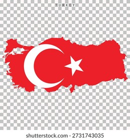 Map of Turkey filled with national flag colors. Country silhouette isolated on transparent background for travel, geography, infographic and political design projects.