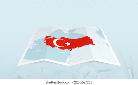 Mapa de Turquía con la bandera de Turquía en el contorno del mapa en un contexto abstracto de viaje. Ilustración de viaje.