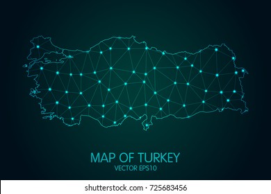 Map of Turkey - With glowing point and lines scales on The Dark Gradient Background, 3D mesh polygonal network connections. Vector Illustration eps 10.