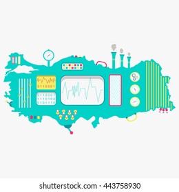 Map of Turkey like a cute device with buttons, screens and handles. Isolated. White background.
