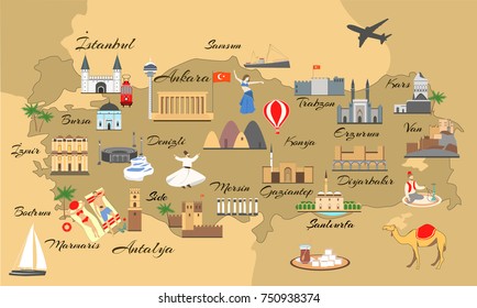 Map of turkey with main sights for tourists. Turkish attraction. Turkish map with popular turist places