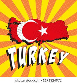 map of turkey with national flag in retro comic pop art style on colorful background with radial lines