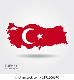 Map of Turkey and national flag symbols, White Background with shadow