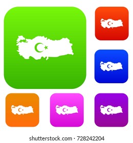 Map of Turkey with national flag symbols set icon color in flat style isolated on white. Collection sings vector illustration