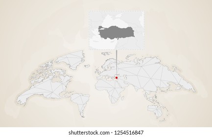 Map of Turkey with neighbor countries pinned on world map. Abstract triangles World Map. Map of Turkey with neighbor countries pinned on world map. Abstract triangles World Map.