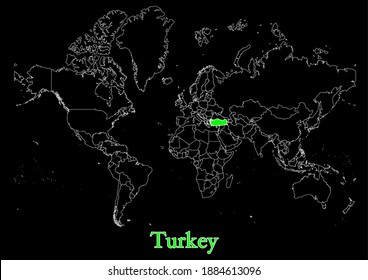 Mapa de Turquía de fondo negro.  El mapa muestra la ubicación de Turquía en el mundo. El mapa vectorial es apropiado para impresiones de todos los tamaños. Un mapa aislado sobre fondo negro.
