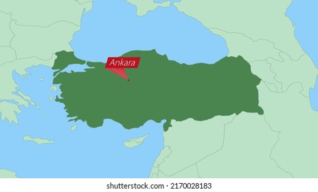 Map of Turkey with pin of country capital. Turkey Map with neighboring countries in green color.