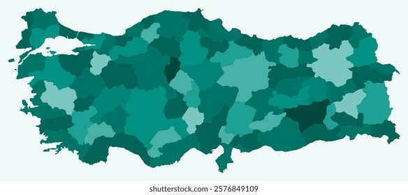 Map of Turkey with regions. Just a simple country border map with region division. Teal color palette. Plain Turkey shape with administrative division. Vector illustration.