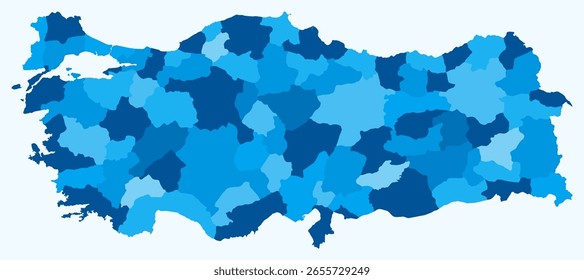 Mapa de Turquía con regiones. Solo un simple mapa de la frontera del país con la división de la región. Paleta de colores azul claro. Forma plana de Turquía con división administrativa. Ilustración vectorial.