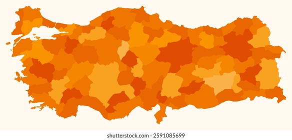 Map of Turkey with regions. A simple country border map with region division in an orange color palette. Vector illustration.