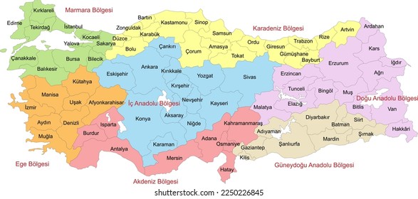 Map of Turkey with representation of administrative territorial divisions by regions and provinces - Labels in Turkish