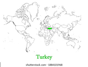 Map of Turkey.  The map shows the location of Turkey in the world. The vector map is appropriate for prints of all sizes. An isolated map on white background.