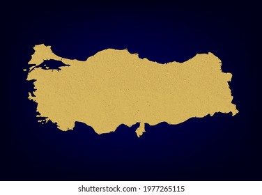 Map of  Turkey symbol concept illustration, gold map geography icon made of golden glitter dust on dark blue background.  Map of  Turkey Golden.  EPS10 vector. 