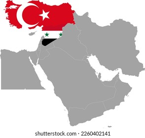 Karte der Türkei und Syriens mit nationaler Flagge auf der grauen Karte des Nahen Ostens