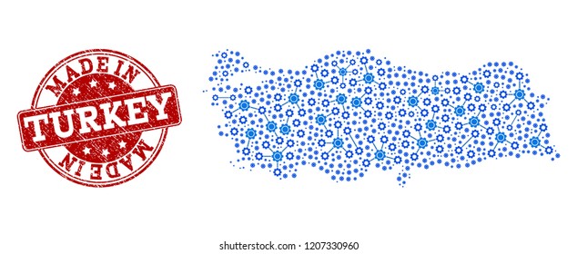 Map of Turkey vector mosaic and Made In grunge stamp. Map of Turkey designed with blue cog links. Made in red seal with grunge rubber texture.