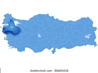 Map of Turkey where Balikesir province is pulled out, isolated on white background