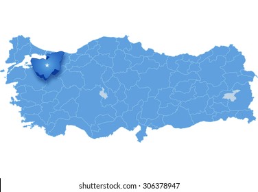 Map of Turkey where Bursa province is pulled out, isolated on white background
