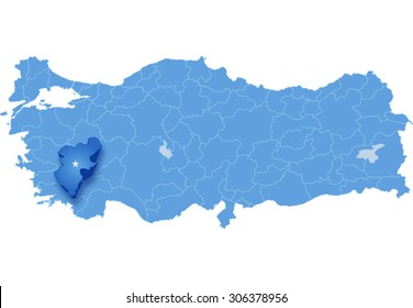 Map of Turkey where Denizli province is pulled out, isolated on white background
