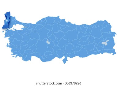 Map of Turkey where Edirne province is pulled out, isolated on white background