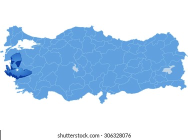 Map of Turkey where Izmir province is pulled out, isolated on white background