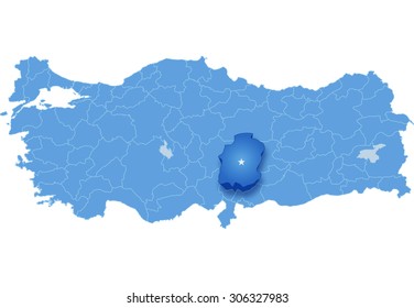 Map of Turkey where Kahramanmaras province is pulled out, isolated on white background
