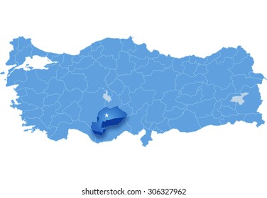 Map of Turkey where Karaman province is pulled out, isolated on white background