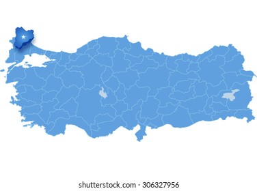 Map of Turkey where Kirklareli province is pulled out, isolated on white background
