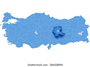 Map of Turkey where Malatya province is pulled out, isolated on white background
