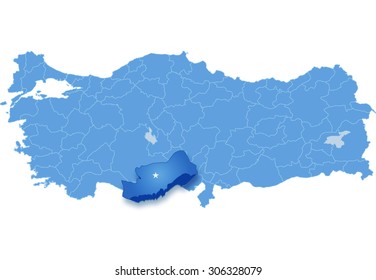 Map of Turkey where Mersin province is pulled out, isolated on white background