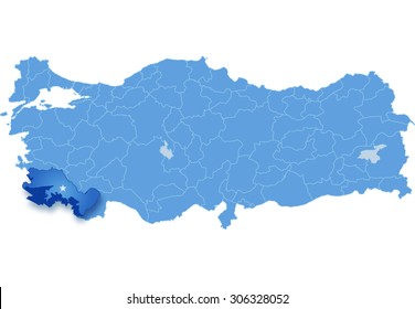 Map of Turkey where Mugla province is pulled out, isolated on white background
