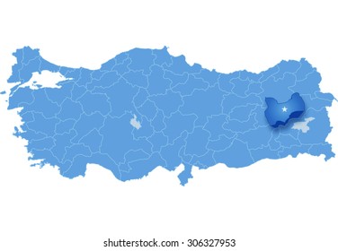 Map of Turkey where Mus province is pulled out, isolated on white background
