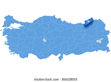 Map of Turkey where Rize province is pulled out, isolated on white background