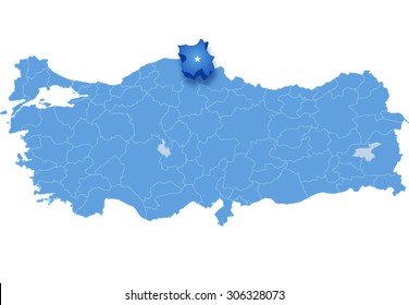 Map of Turkey where Sinop province is pulled out, isolated on white background