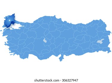 Map of Turkey where Tekirdag province is pulled out, isolated on white background
