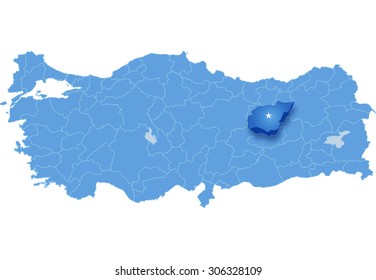 Map of Turkey where Tunceli province is pulled out, isolated on white background