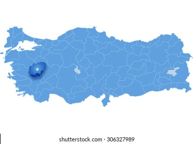 Map of Turkey where Usak province is pulled out, isolated on white background