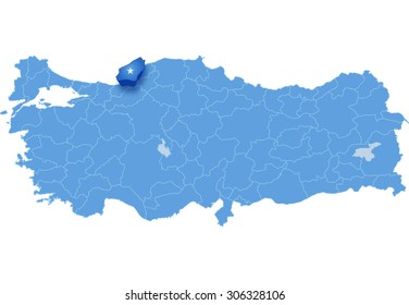 Map of Turkey where Zonguldak province is pulled out, isolated on white background