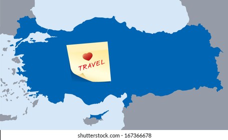 map of Turkey with yellow stick note card with heart and travel 