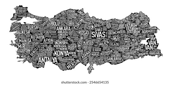 Map of Turkiye with province names arranged by geographical location, highlighting regional distribution across the country with clearly placed city names