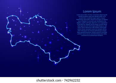 Map Turkmenistan from the contours network blue, luminous space stars for banner, poster, greeting card, of vector illustration
