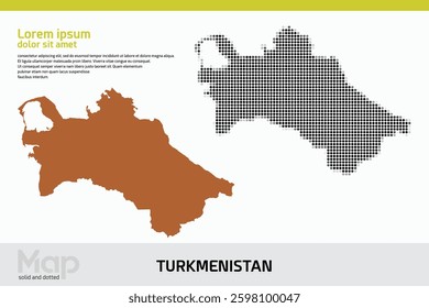 A map of Turkmenistan in dual designs, featuring brown solid details and black abstract dotted patterns, isolated on a white background