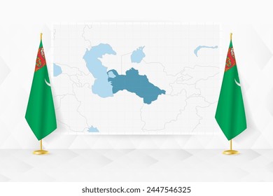 Karte von Turkmenistan und Flaggen Turkmenistans auf Flaggenstand. Vektorillustration für Diplomatietreffen.