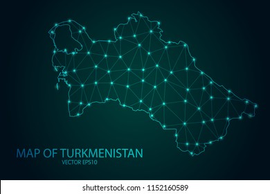 Map of Turkmenistan - With glowing point and lines scales on The Dark Gradient Background, 3D mesh polygonal network connections. Vector illustration eps10.