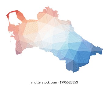 Map of Turkmenistan. Low poly illustration of the country. Geometric design with stripes. Technology, internet, network concept. Vector illustration.