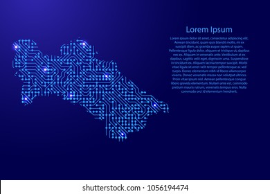 Map Turkmenistan from printed board, chip and radio component with blue star space on the contour for banner, poster, greeting card, of vector illustration.