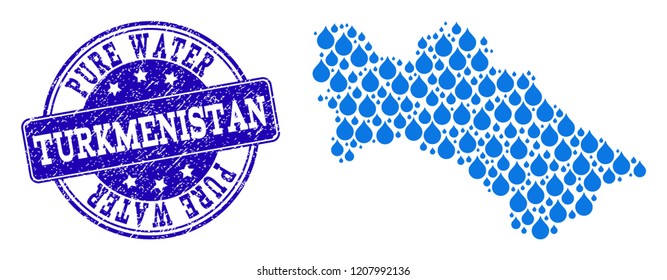 Map of Turkmenistan vector mosaic and Pure Water grunge stamp. Map of Turkmenistan created with blue liquid tears. Seal with grunge rubber texture for pure drinking water.